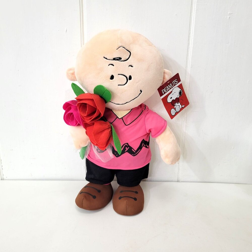 Peanuts Charlie Brown Plush Holding Red Roses 20"